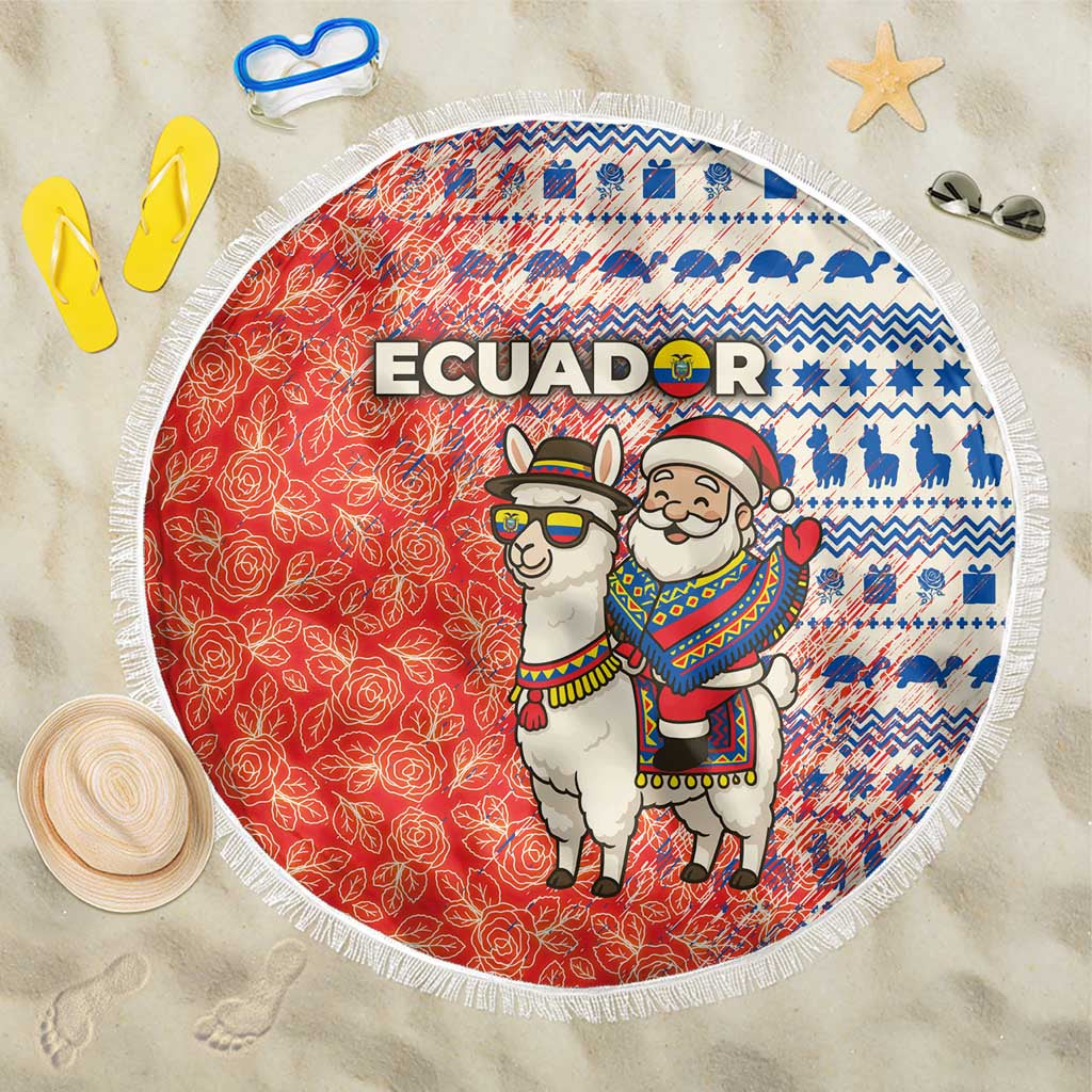 Ecuador Christmas Beach Blanket with Santa Riding Llama Traditional Patterns and Rose Design - Wonder Print Shop