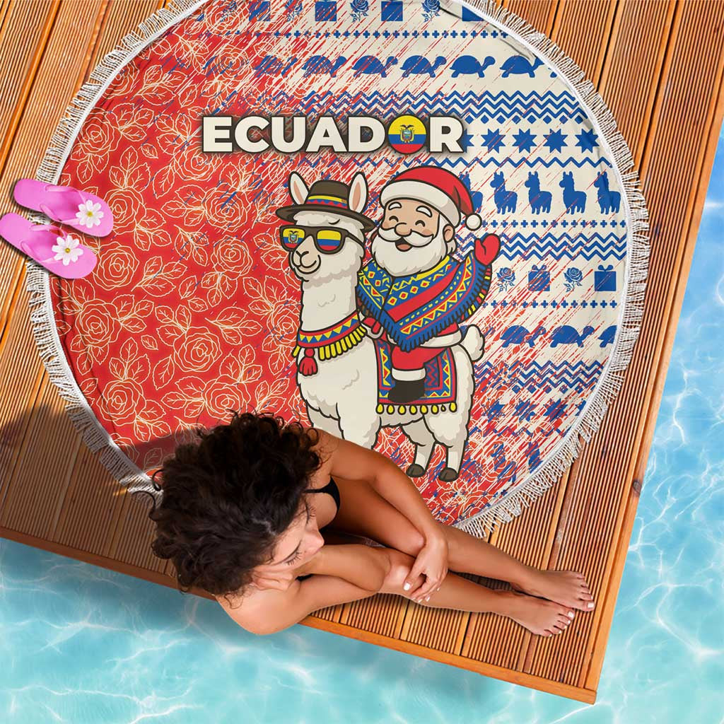 Ecuador Christmas Beach Blanket with Santa Riding Llama Traditional Patterns and Rose Design - Wonder Print Shop
