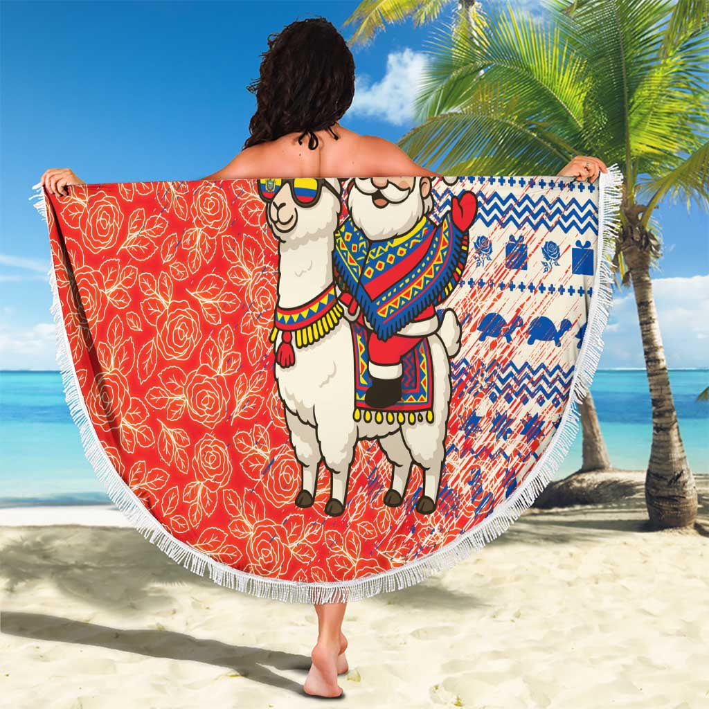 Ecuador Christmas Beach Blanket with Santa Riding Llama Traditional Patterns and Rose Design - Wonder Print Shop