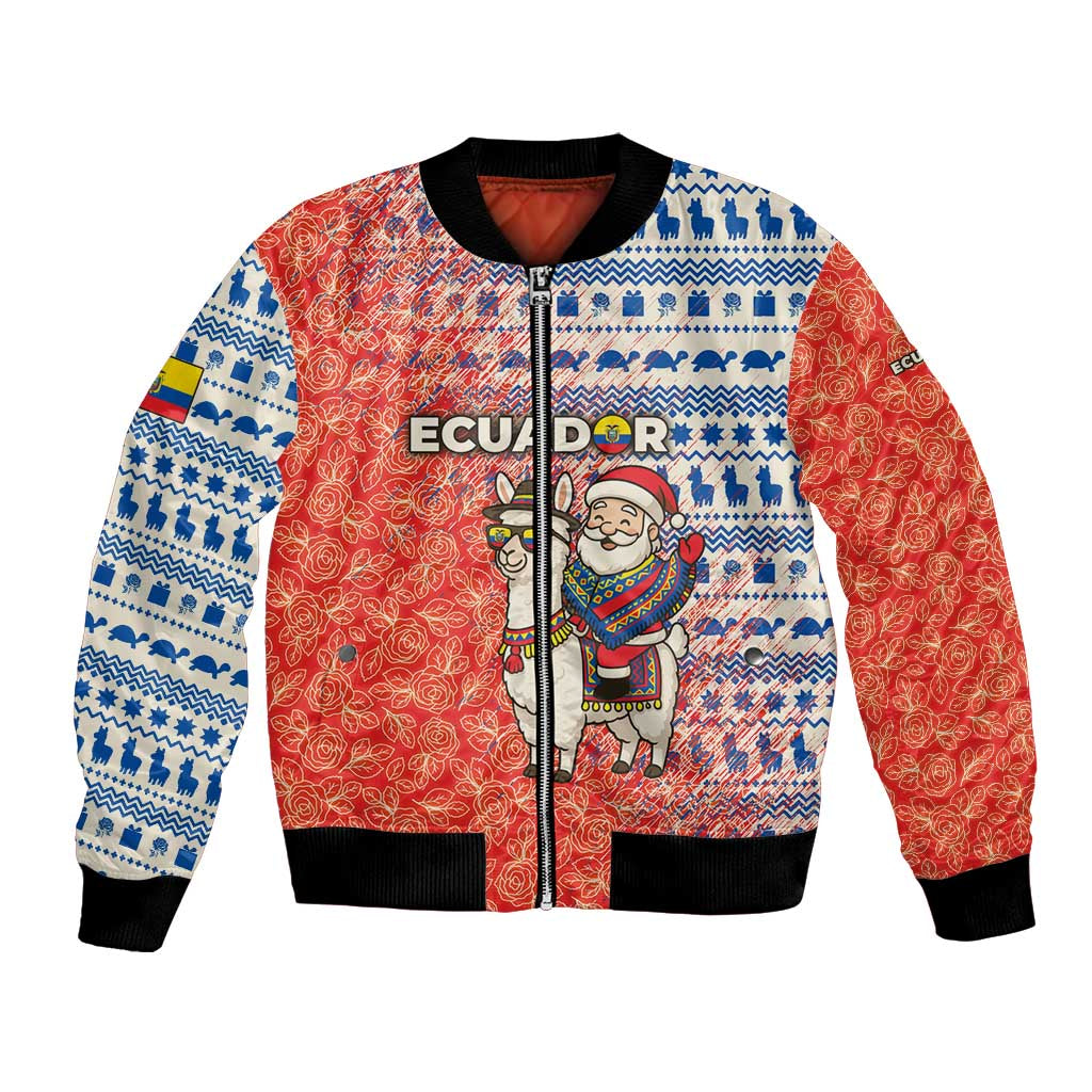Ecuador Christmas Bomber Jacket with Santa Riding Llama Traditional Patterns and Rose Design - Wonder Print Shop