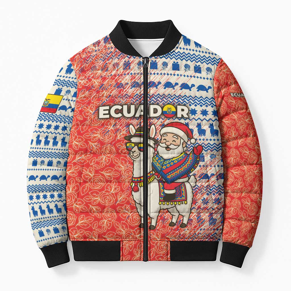 Ecuador Christmas Bomber Puffer Jacket with Santa Riding Llama Traditional Patterns and Rose Design - Wonder Print Shop
