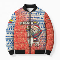 Ecuador Christmas Bomber Puffer Jacket with Santa Riding Llama Traditional Patterns and Rose Design - Wonder Print Shop