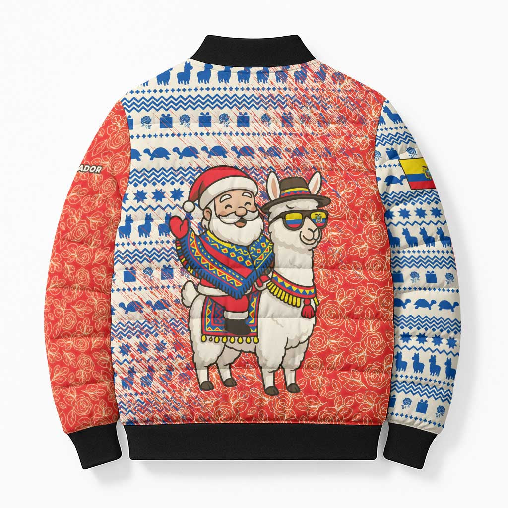 Ecuador Christmas Bomber Puffer Jacket with Santa Riding Llama Traditional Patterns and Rose Design - Wonder Print Shop