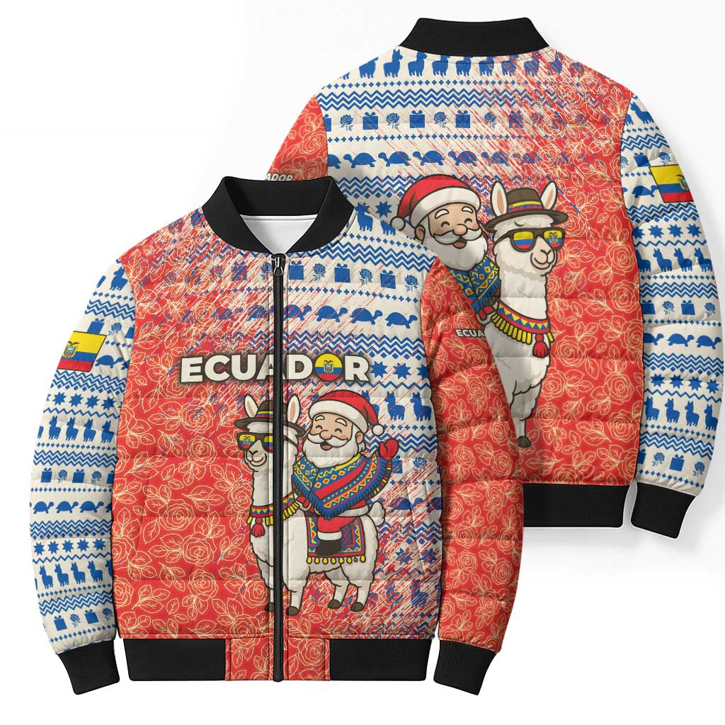 Ecuador Christmas Bomber Puffer Jacket with Santa Riding Llama Traditional Patterns and Rose Design - Wonder Print Shop