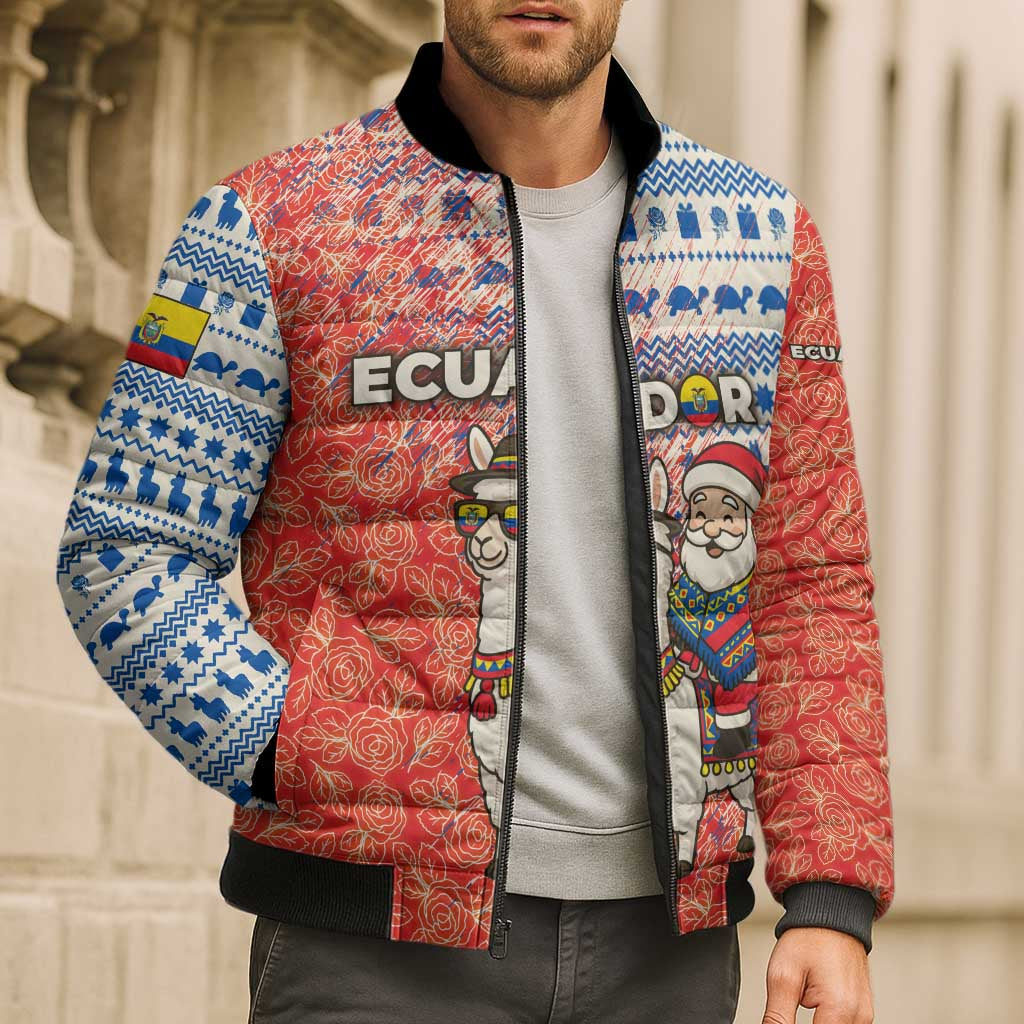 Ecuador Christmas Bomber Puffer Jacket with Santa Riding Llama Traditional Patterns and Rose Design - Wonder Print Shop