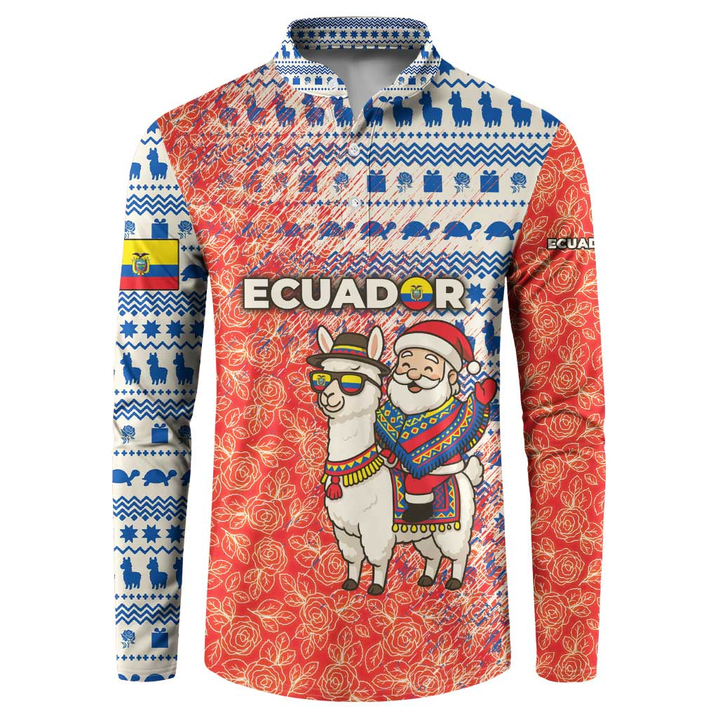 Ecuador Christmas Button Sweatshirt with Santa Riding Llama Traditional Patterns and Rose Design - Wonder Print Shop