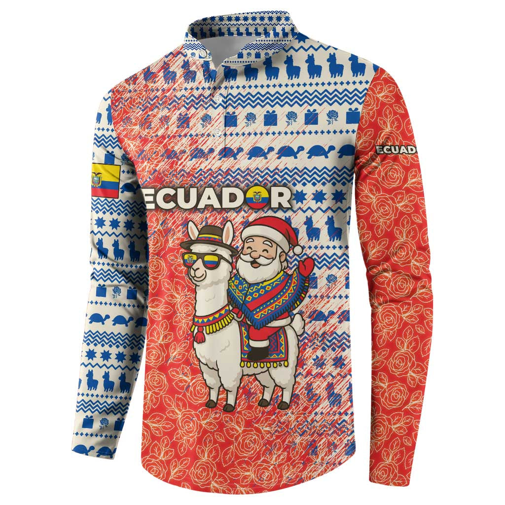 Ecuador Christmas Button Sweatshirt with Santa Riding Llama Traditional Patterns and Rose Design - Wonder Print Shop