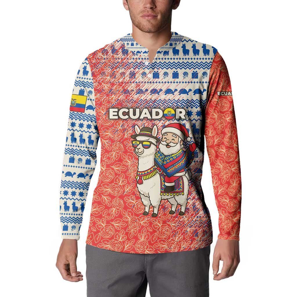 Ecuador Christmas Button Sweatshirt with Santa Riding Llama Traditional Patterns and Rose Design - Wonder Print Shop