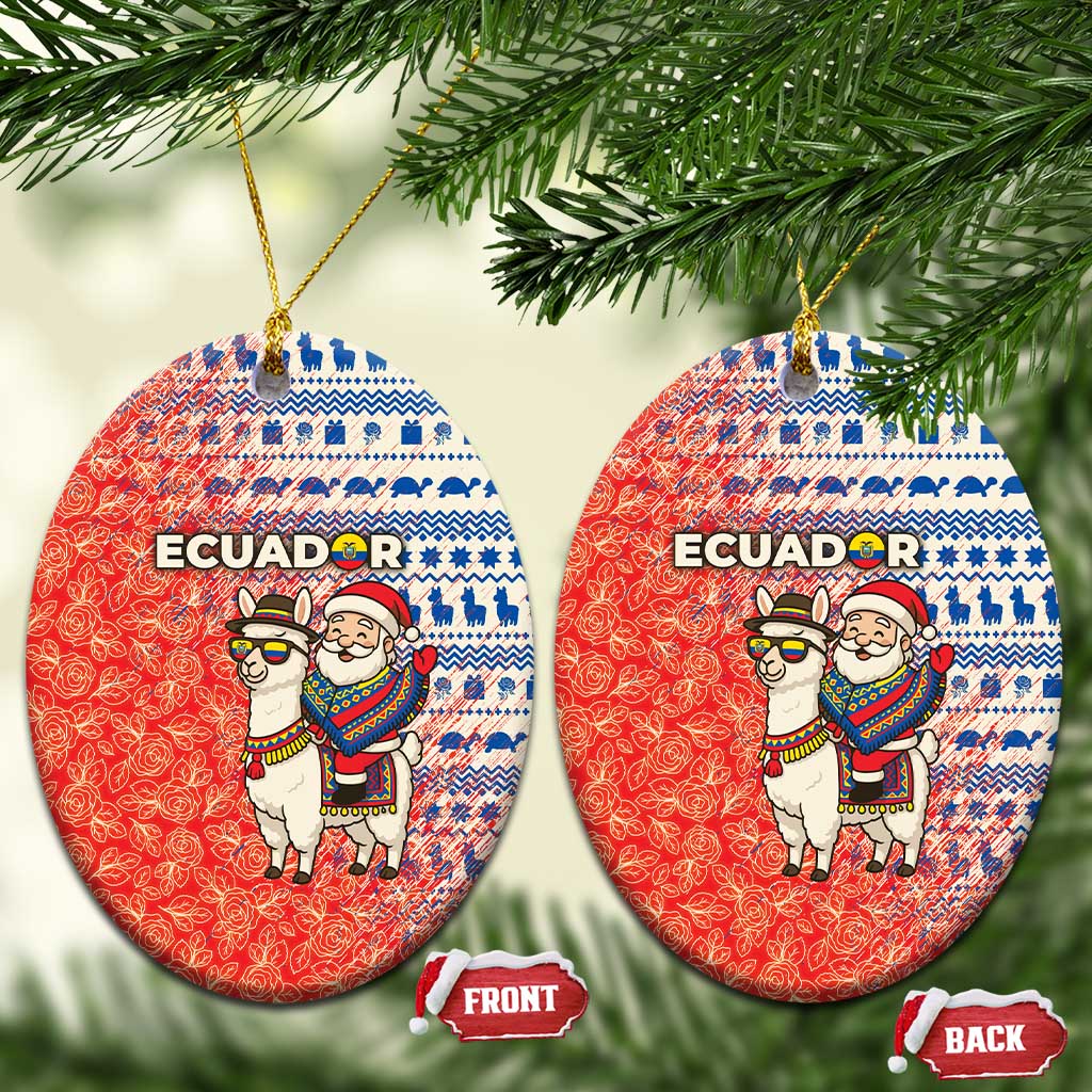 Ecuador Christmas Ceramic Ornament with Santa Riding Llama Traditional Patterns and Rose Design - Wonder Print Shop