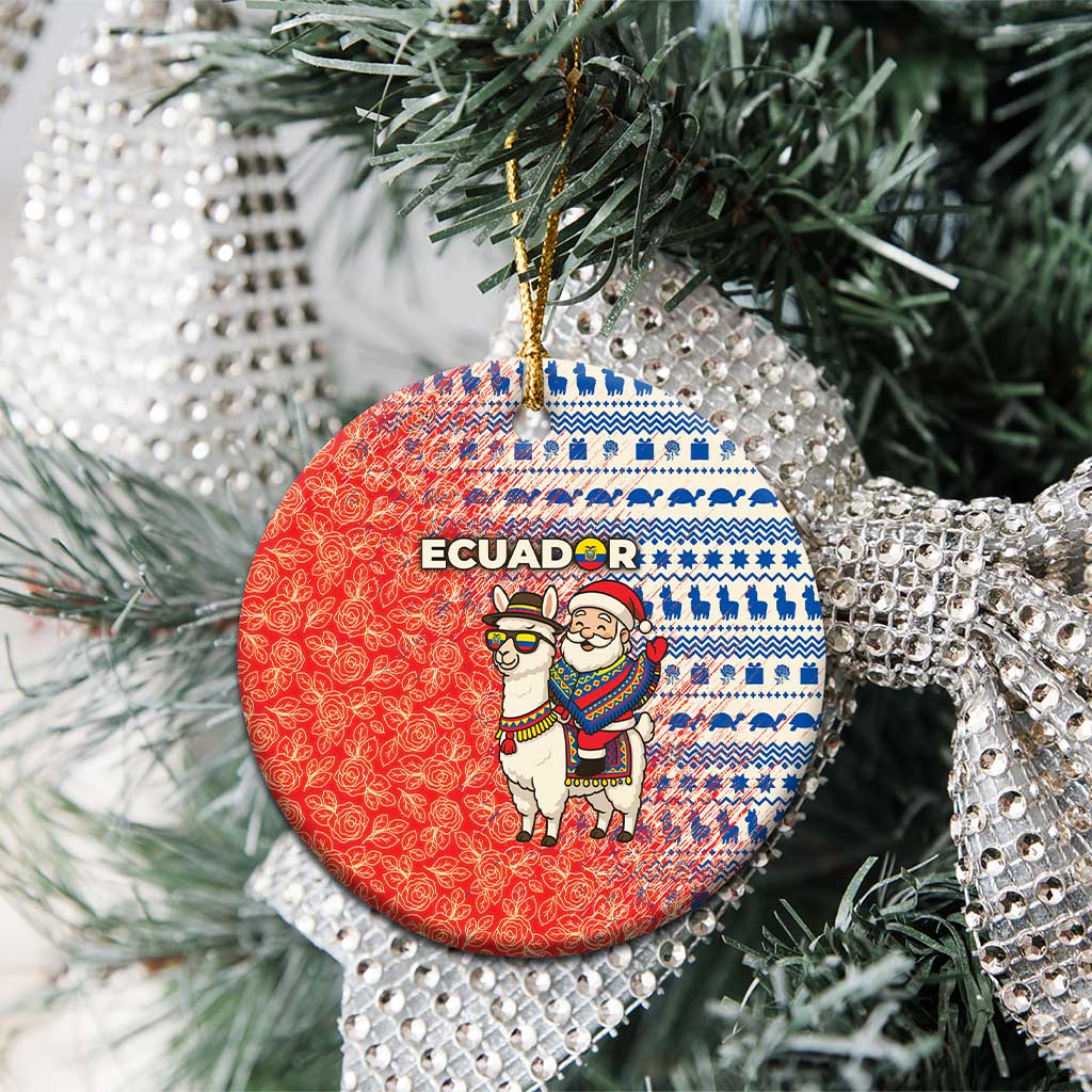 Ecuador Christmas Ceramic Ornament with Santa Riding Llama Traditional Patterns and Rose Design - Wonder Print Shop