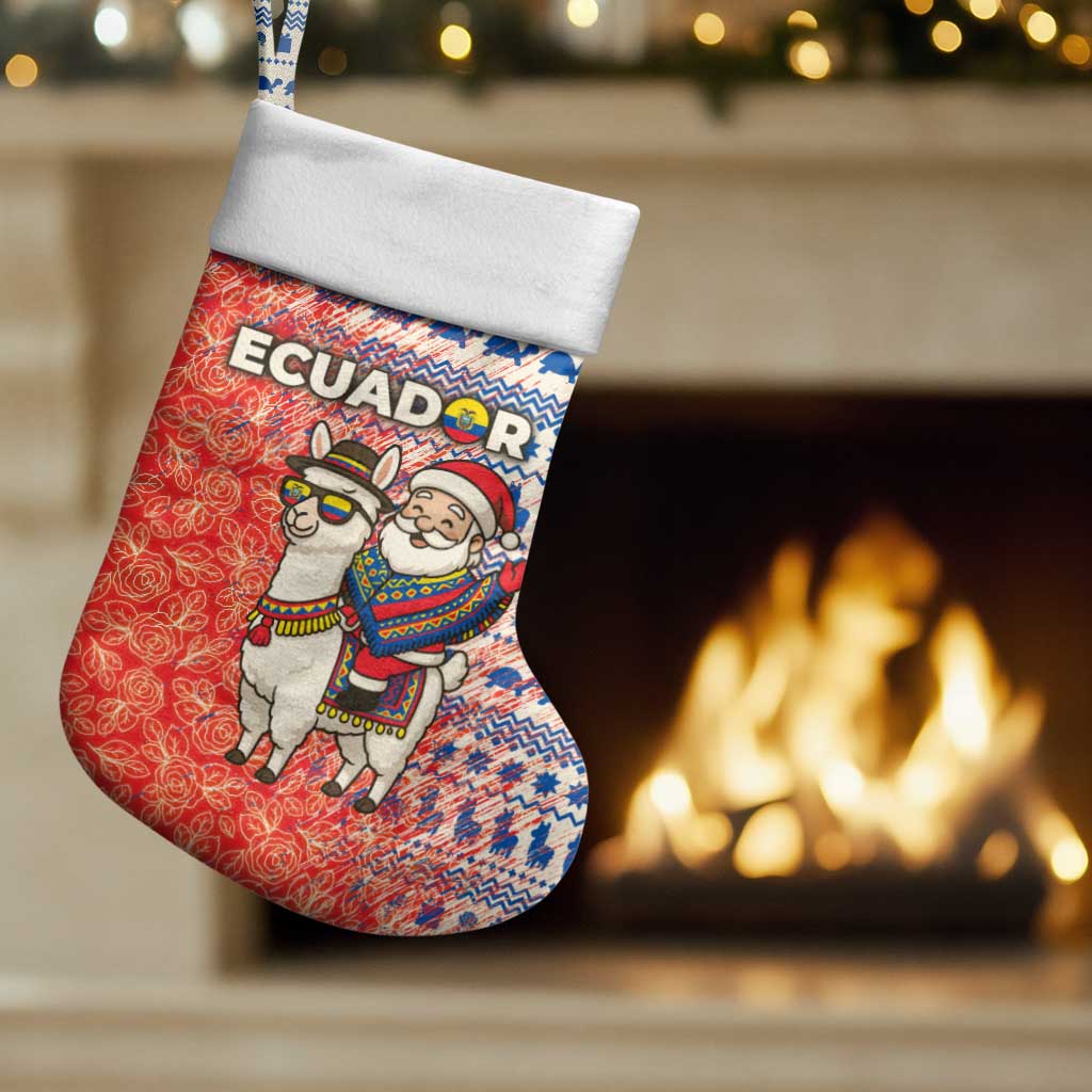 Ecuador Christmas Stocking with Santa Riding Llama Traditional Patterns and Rose Design - Wonder Print Shop