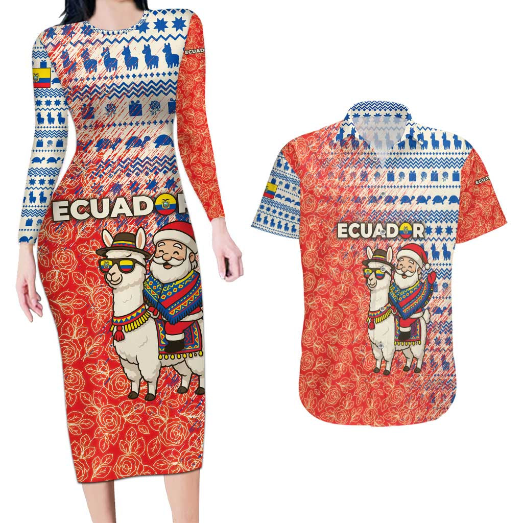Ecuador Christmas Couples Matching Long Sleeve Bodycon Dress and Hawaiian Shirt with Santa Riding Llama Traditional Patterns and Rose Design - Wonder Print Shop