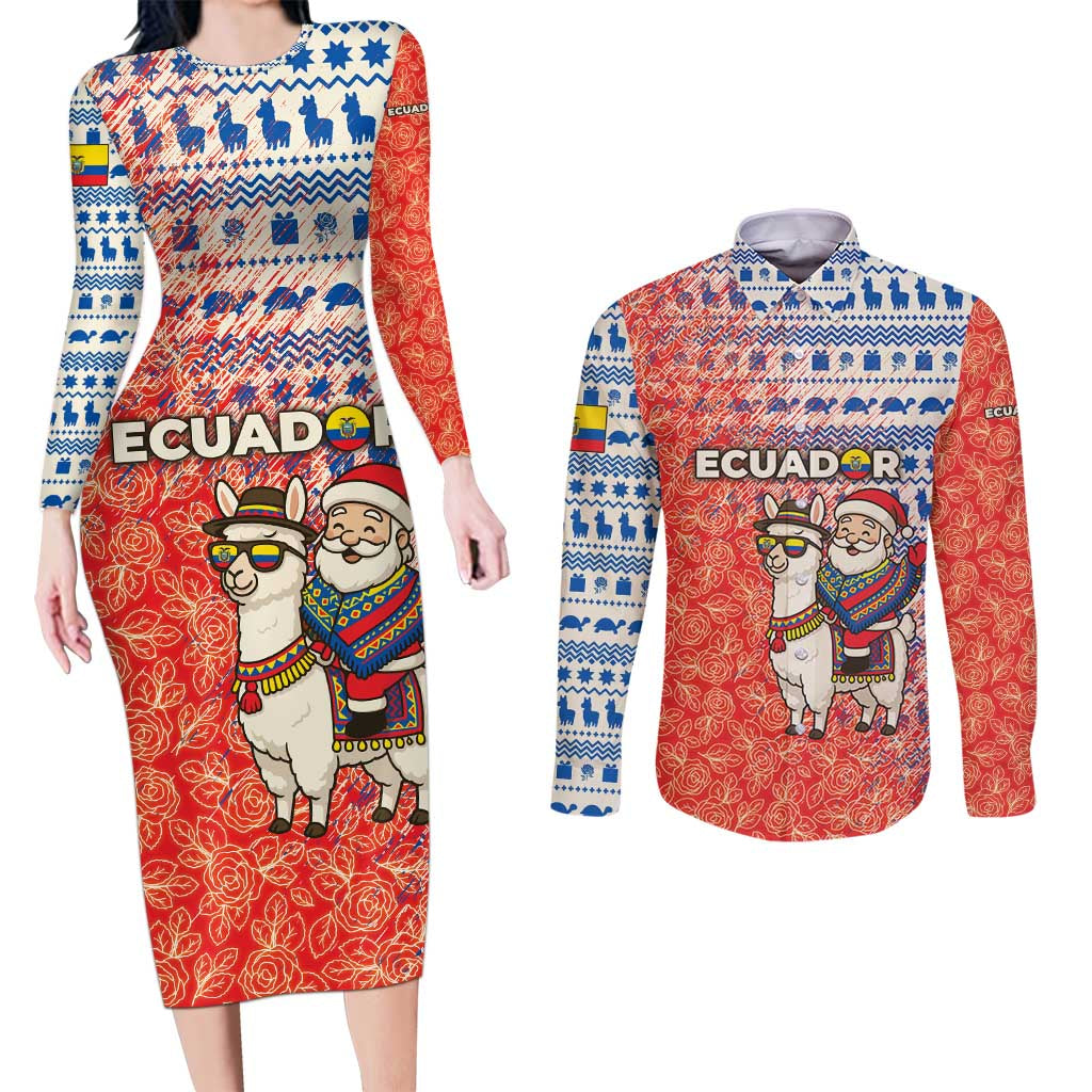 Ecuador Christmas Couples Matching Long Sleeve Bodycon Dress and Long Sleeve Button Shirt with Santa Riding Llama Traditional Patterns and Rose Design - Wonder Print Shop