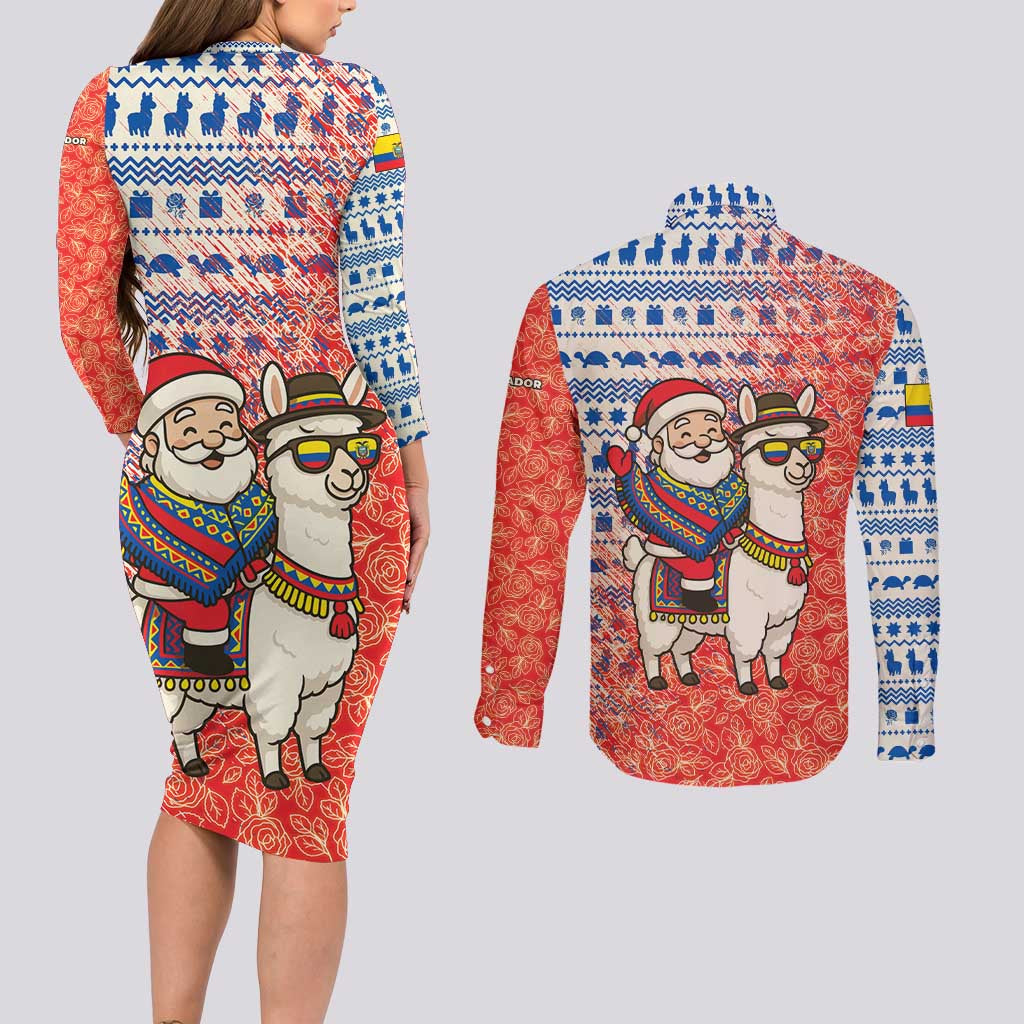 Ecuador Christmas Couples Matching Long Sleeve Bodycon Dress and Long Sleeve Button Shirt with Santa Riding Llama Traditional Patterns and Rose Design - Wonder Print Shop