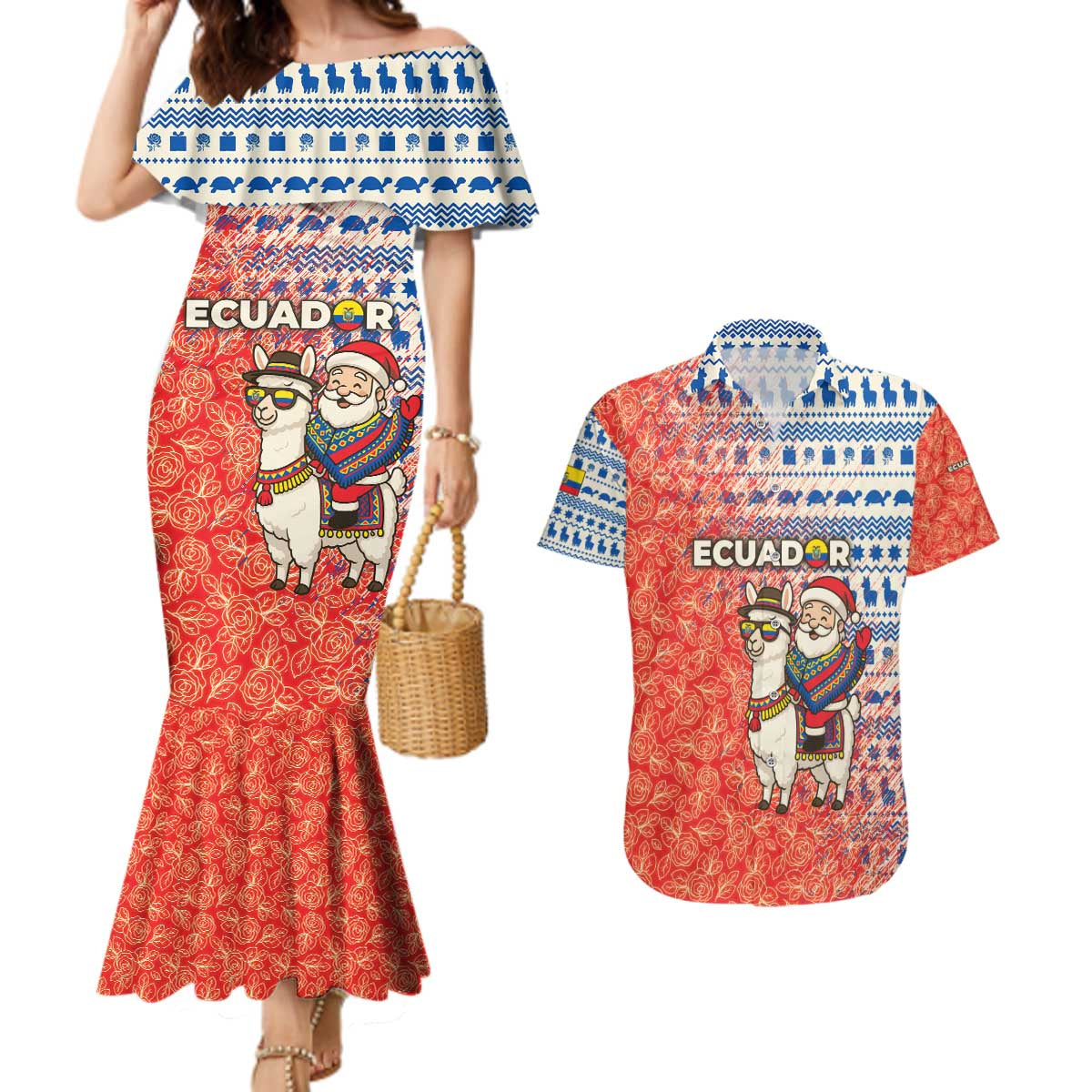Ecuador Christmas Couples Matching Mermaid Dress and Hawaiian Shirt with Santa Riding Llama Traditional Patterns and Rose Design - Wonder Print Shop