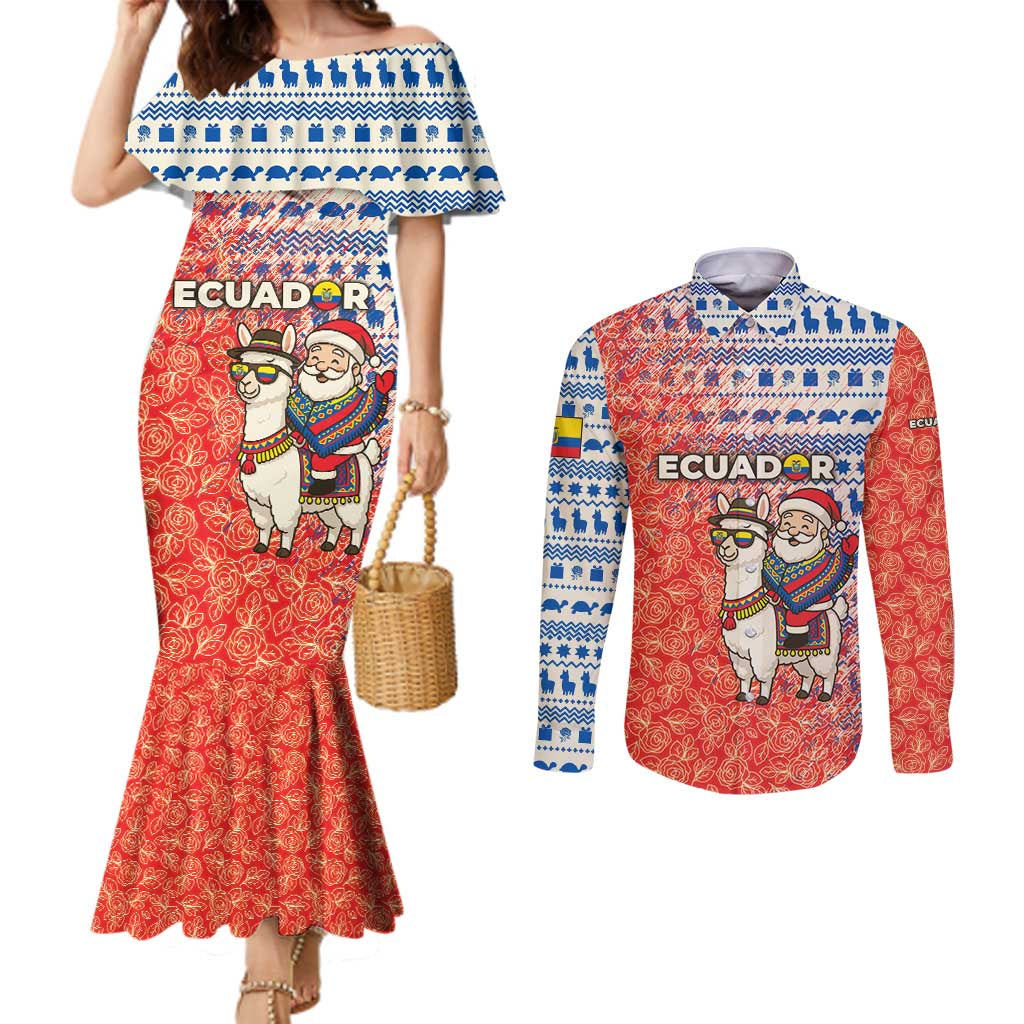 Ecuador Christmas Couples Matching Mermaid Dress and Long Sleeve Button Shirt with Santa Riding Llama Traditional Patterns and Rose Design - Wonder Print Shop