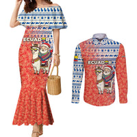 Ecuador Christmas Couples Matching Mermaid Dress and Long Sleeve Button Shirt with Santa Riding Llama Traditional Patterns and Rose Design - Wonder Print Shop
