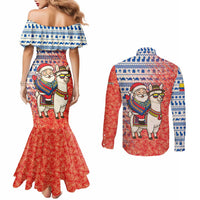Ecuador Christmas Couples Matching Mermaid Dress and Long Sleeve Button Shirt with Santa Riding Llama Traditional Patterns and Rose Design - Wonder Print Shop
