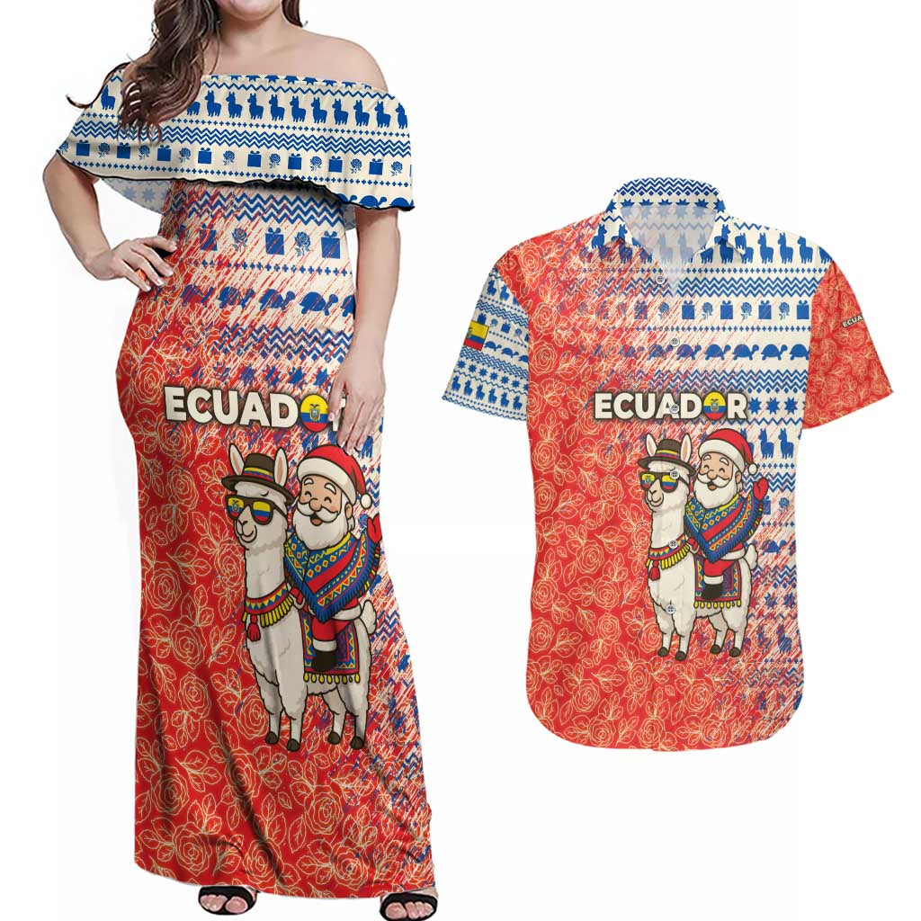 Ecuador Christmas Couples Matching Off Shoulder Maxi Dress and Hawaiian Shirt with Santa Riding Llama Traditional Patterns and Rose Design - Wonder Print Shop