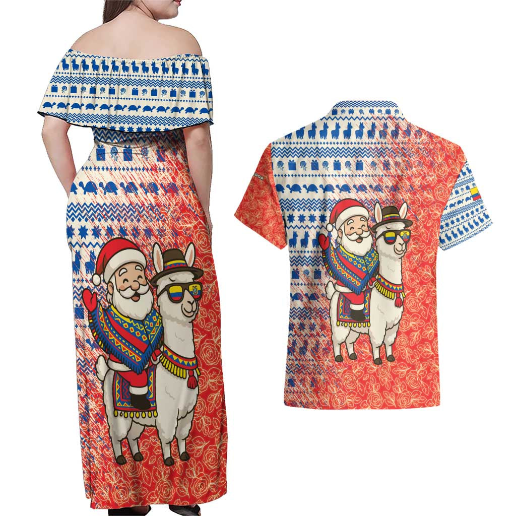 Ecuador Christmas Couples Matching Off Shoulder Maxi Dress and Hawaiian Shirt with Santa Riding Llama Traditional Patterns and Rose Design - Wonder Print Shop