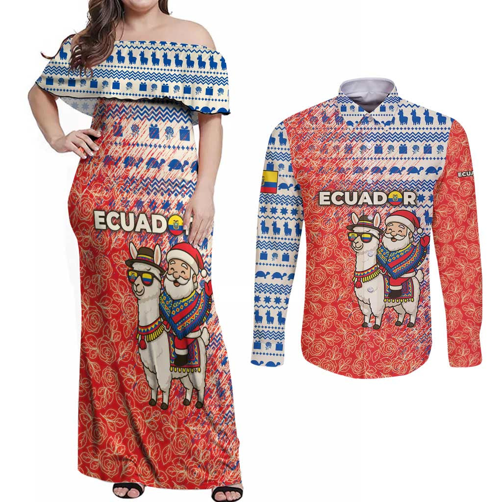 Ecuador Christmas Couples Matching Off Shoulder Maxi Dress and Long Sleeve Button Shirt with Santa Riding Llama Traditional Patterns and Rose Design - Wonder Print Shop