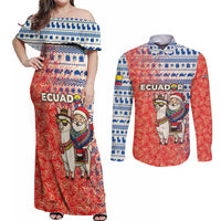 Ecuador Christmas Couples Matching Off Shoulder Maxi Dress and Long Sleeve Button Shirt with Santa Riding Llama Traditional Patterns and Rose Design - Wonder Print Shop