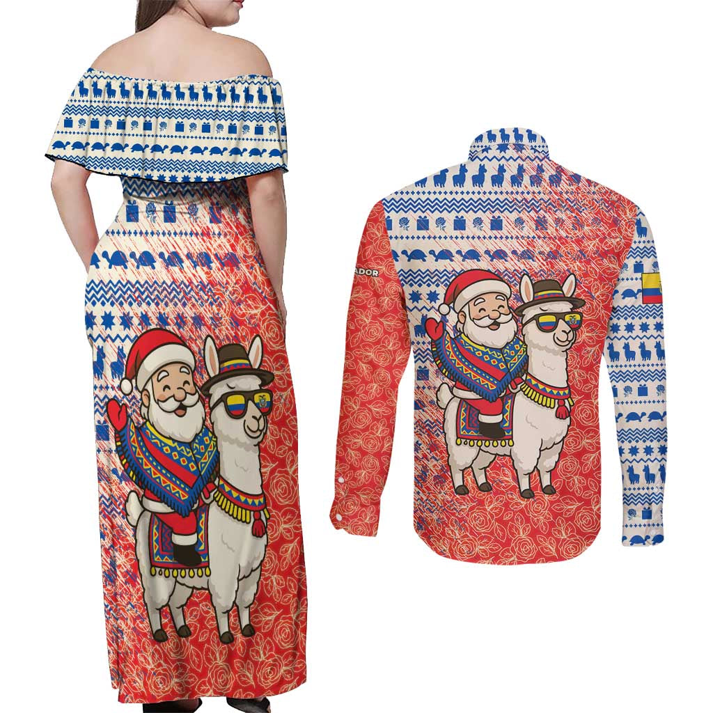 Ecuador Christmas Couples Matching Off Shoulder Maxi Dress and Long Sleeve Button Shirt with Santa Riding Llama Traditional Patterns and Rose Design - Wonder Print Shop
