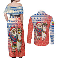 Ecuador Christmas Couples Matching Off Shoulder Maxi Dress and Long Sleeve Button Shirt with Santa Riding Llama Traditional Patterns and Rose Design - Wonder Print Shop