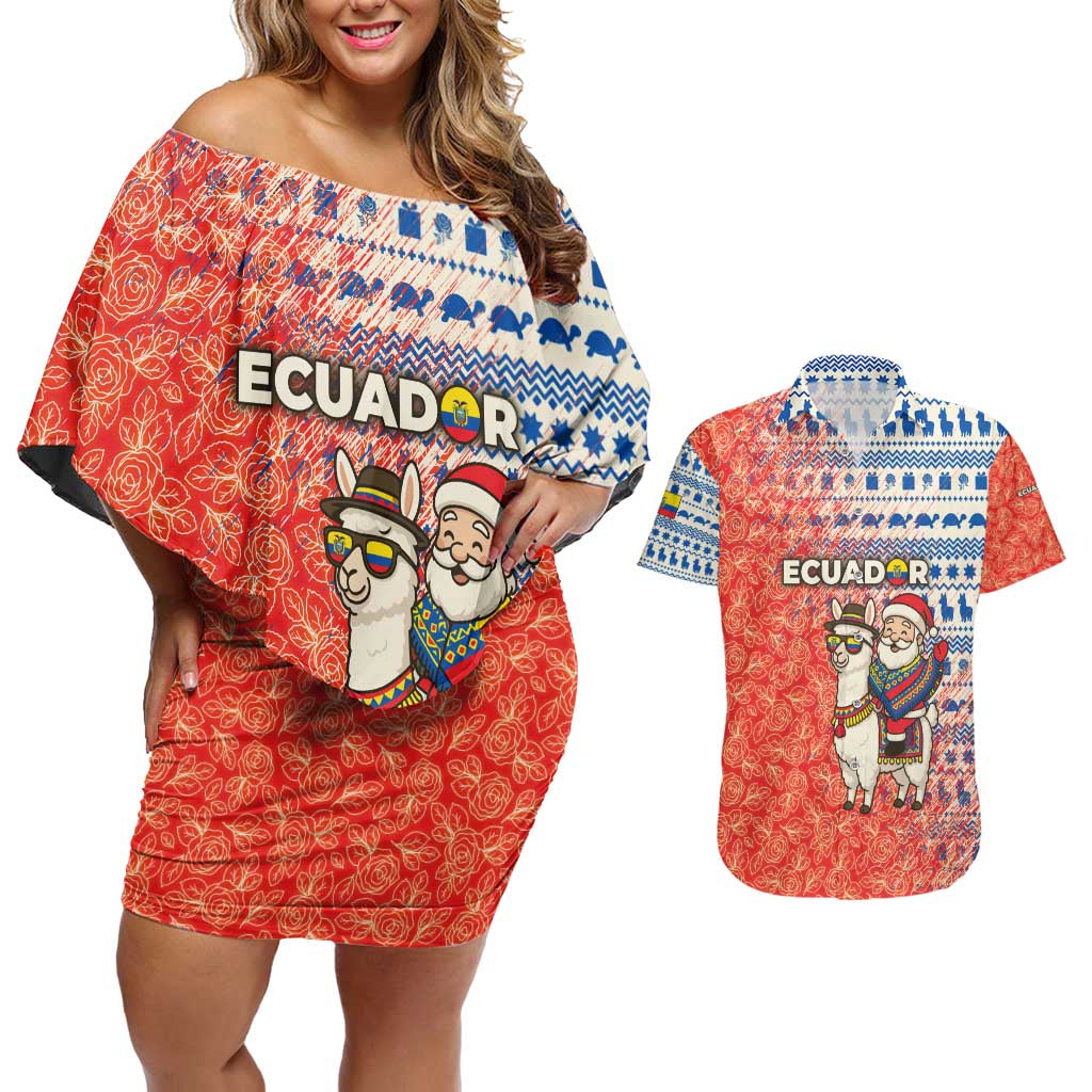 Ecuador Christmas Couples Matching Off Shoulder Short Dress and Hawaiian Shirt with Santa Riding Llama Traditional Patterns and Rose Design - Wonder Print Shop