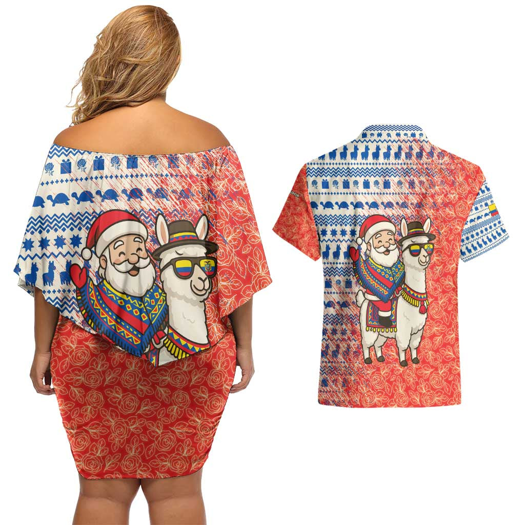 Ecuador Christmas Couples Matching Off Shoulder Short Dress and Hawaiian Shirt with Santa Riding Llama Traditional Patterns and Rose Design - Wonder Print Shop