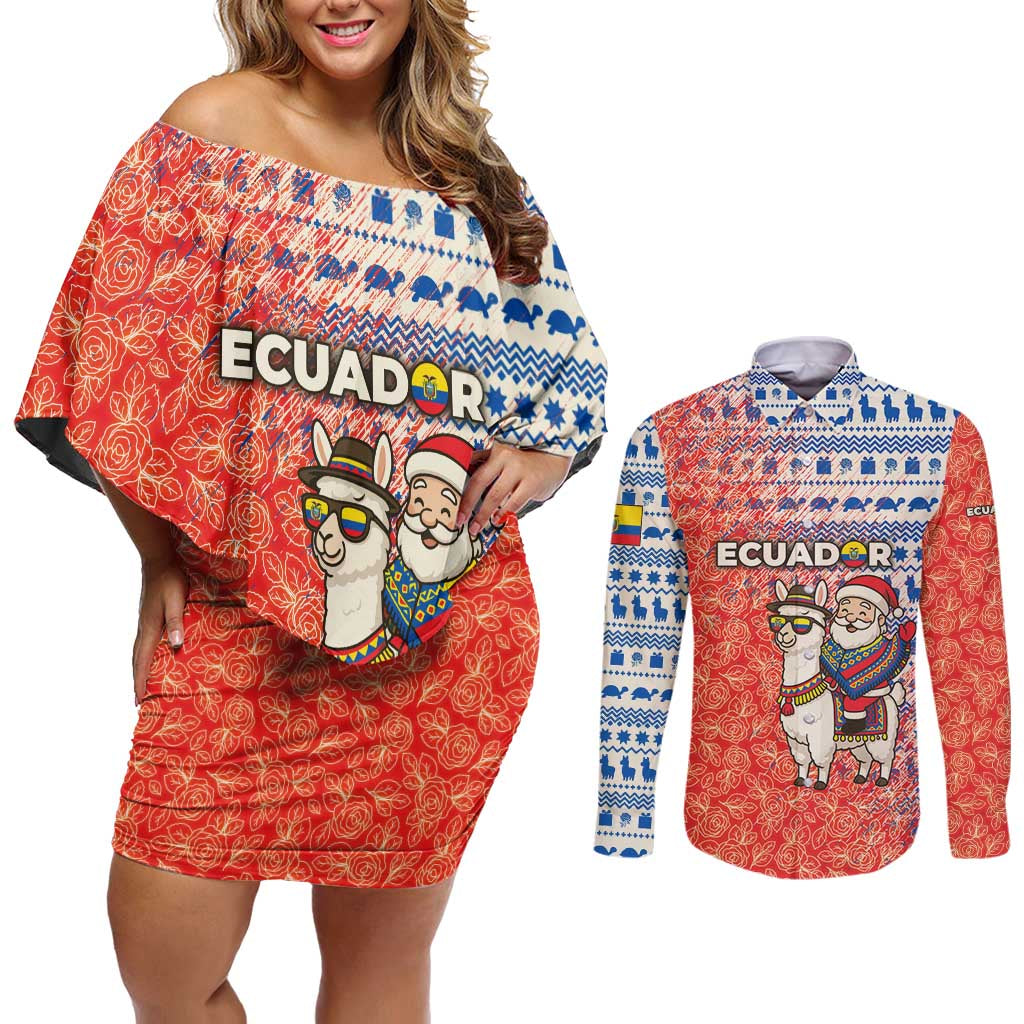 Ecuador Christmas Couples Matching Off Shoulder Short Dress and Long Sleeve Button Shirt with Santa Riding Llama Traditional Patterns and Rose Design - Wonder Print Shop