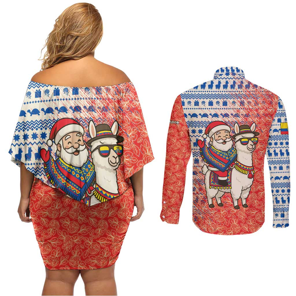 Ecuador Christmas Couples Matching Off Shoulder Short Dress and Long Sleeve Button Shirt with Santa Riding Llama Traditional Patterns and Rose Design - Wonder Print Shop