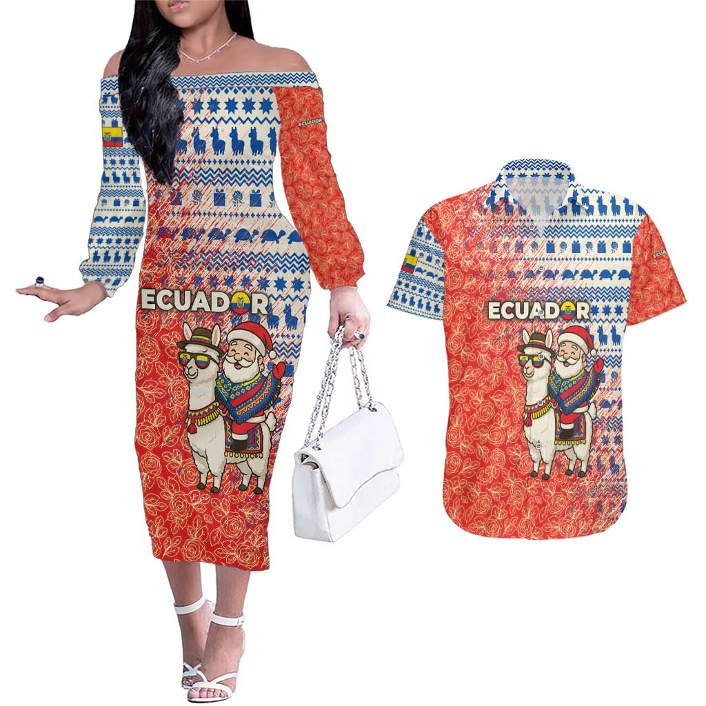 Ecuador Christmas Couples Matching Off The Shoulder Long Sleeve Dress and Hawaiian Shirt with Santa Riding Llama Traditional Patterns and Rose Design - Wonder Print Shop