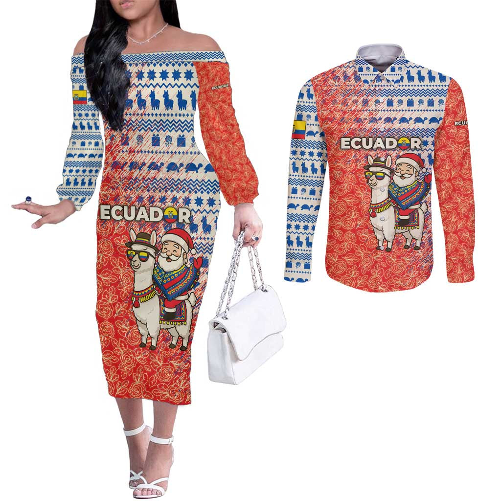 Ecuador Christmas Couples Matching Off The Shoulder Long Sleeve Dress and Long Sleeve Button Shirt with Santa Riding Llama Traditional Patterns and Rose Design - Wonder Print Shop