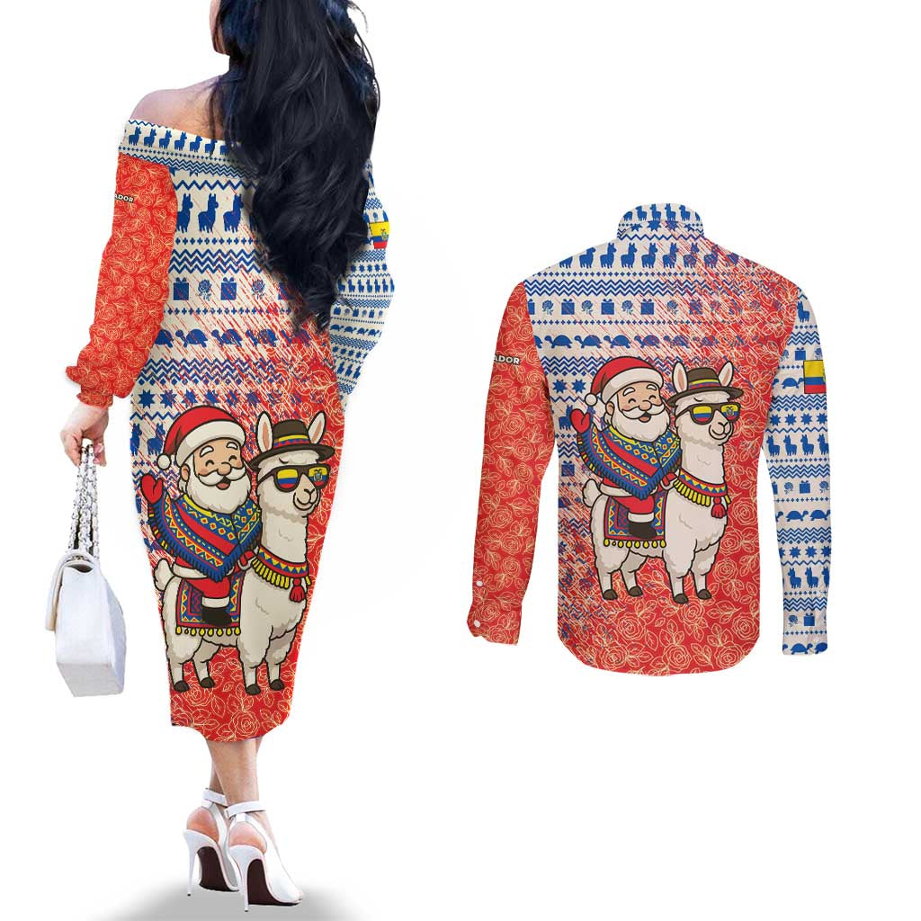 Ecuador Christmas Couples Matching Off The Shoulder Long Sleeve Dress and Long Sleeve Button Shirt with Santa Riding Llama Traditional Patterns and Rose Design - Wonder Print Shop