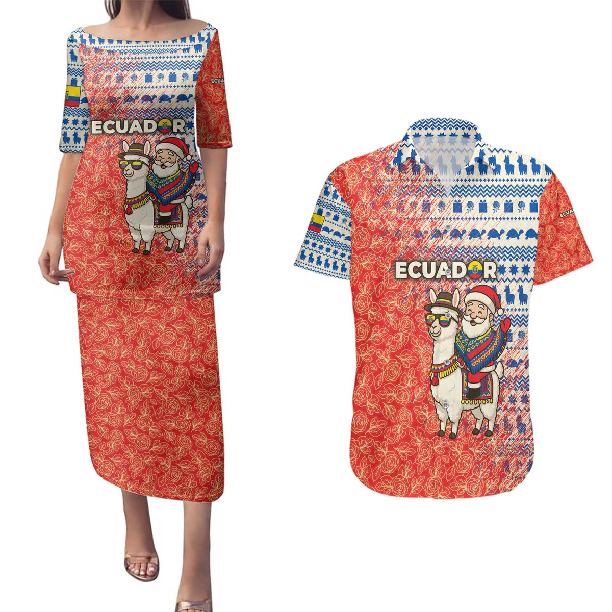 Ecuador Christmas Couples Matching Puletasi and Hawaiian Shirt with Santa Riding Llama Traditional Patterns and Rose Design - Wonder Print Shop