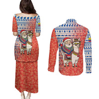 Ecuador Christmas Couples Matching Puletasi and Long Sleeve Button Shirt with Santa Riding Llama Traditional Patterns and Rose Design - Wonder Print Shop