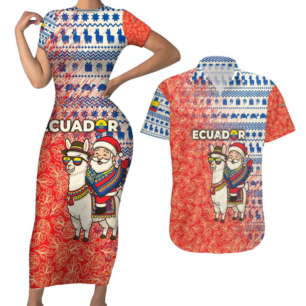 Ecuador Christmas Couples Matching Short Sleeve Bodycon Dress and Hawaiian Shirt with Santa Riding Llama Traditional Patterns and Rose Design - Wonder Print Shop