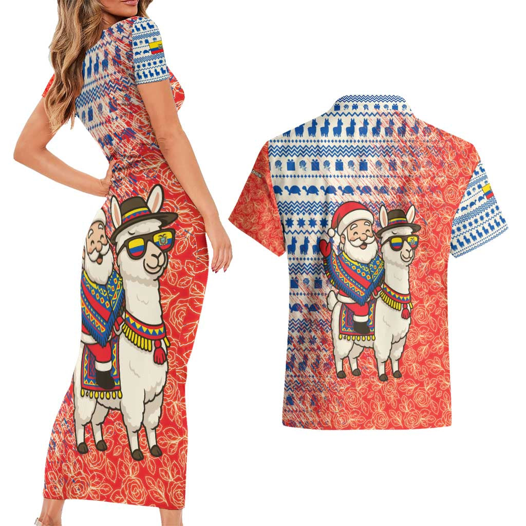 Ecuador Christmas Couples Matching Short Sleeve Bodycon Dress and Hawaiian Shirt with Santa Riding Llama Traditional Patterns and Rose Design - Wonder Print Shop