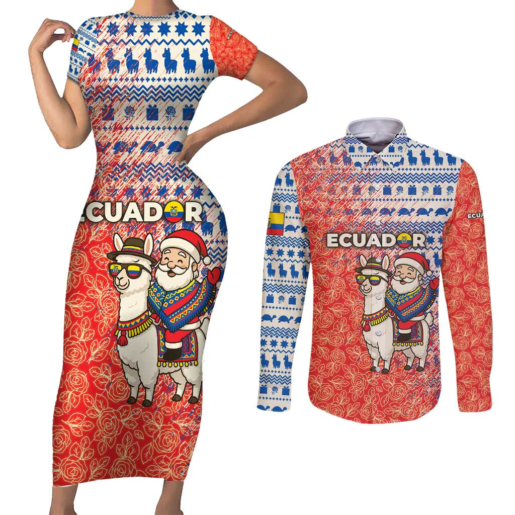 Ecuador Christmas Couples Matching Short Sleeve Bodycon Dress and Long Sleeve Button Shirt with Santa Riding Llama Traditional Patterns and Rose Design - Wonder Print Shop