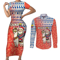 Ecuador Christmas Couples Matching Short Sleeve Bodycon Dress and Long Sleeve Button Shirt with Santa Riding Llama Traditional Patterns and Rose Design - Wonder Print Shop