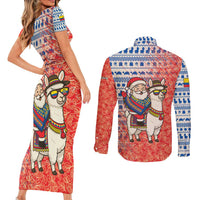 Ecuador Christmas Couples Matching Short Sleeve Bodycon Dress and Long Sleeve Button Shirt with Santa Riding Llama Traditional Patterns and Rose Design - Wonder Print Shop