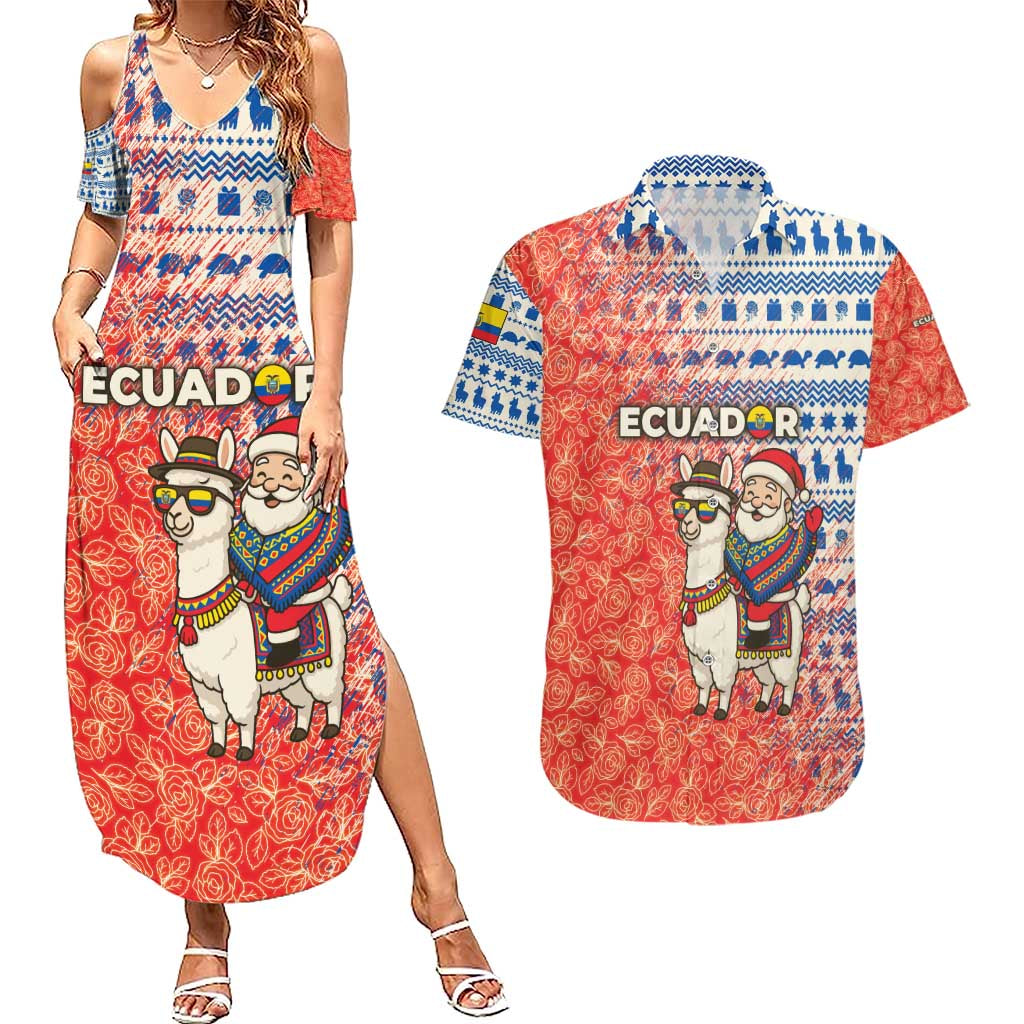 Ecuador Christmas Couples Matching Summer Maxi Dress and Hawaiian Shirt with Santa Riding Llama Traditional Patterns and Rose Design - Wonder Print Shop