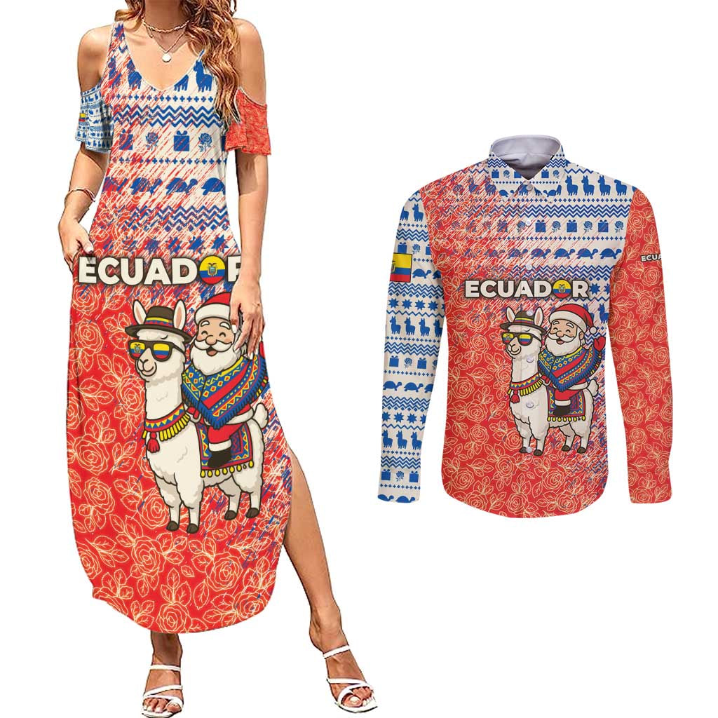 Ecuador Christmas Couples Matching Summer Maxi Dress and Long Sleeve Button Shirt with Santa Riding Llama Traditional Patterns and Rose Design - Wonder Print Shop