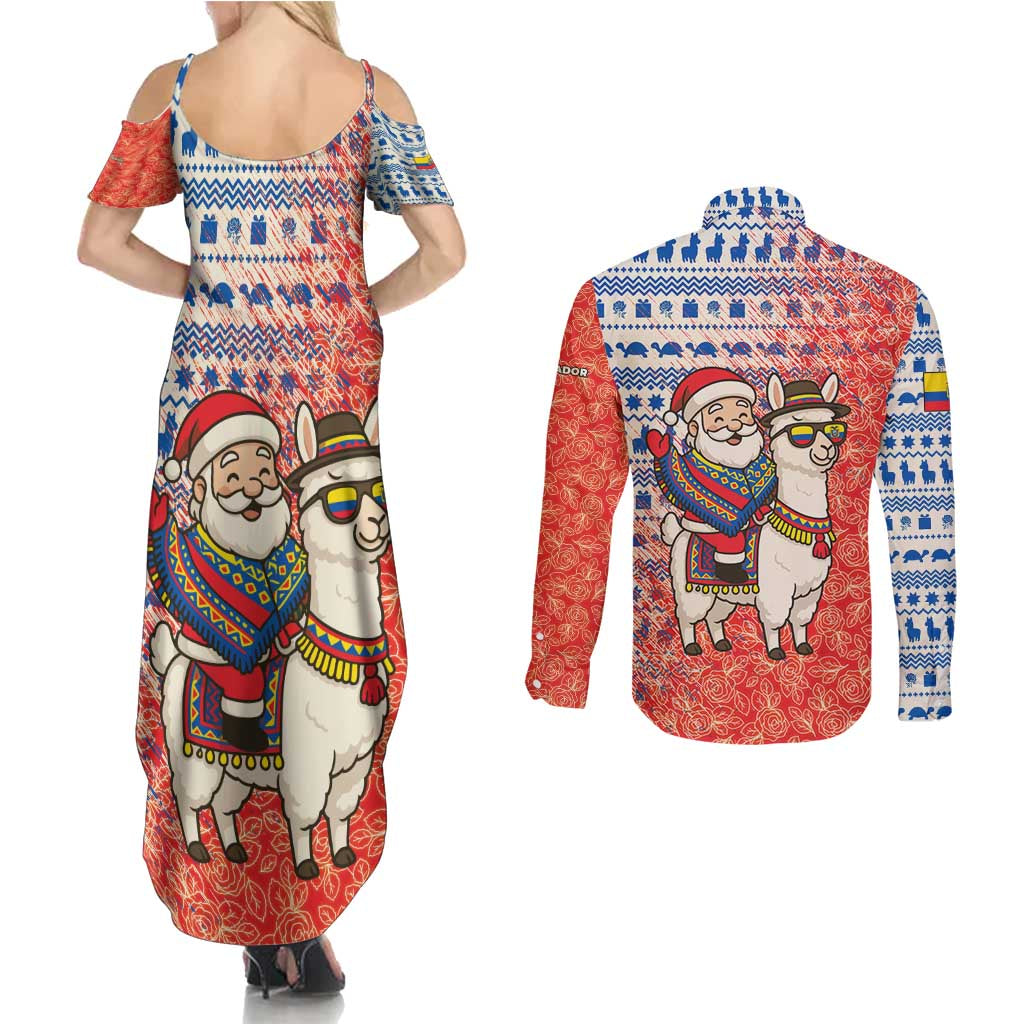 Ecuador Christmas Couples Matching Summer Maxi Dress and Long Sleeve Button Shirt with Santa Riding Llama Traditional Patterns and Rose Design - Wonder Print Shop