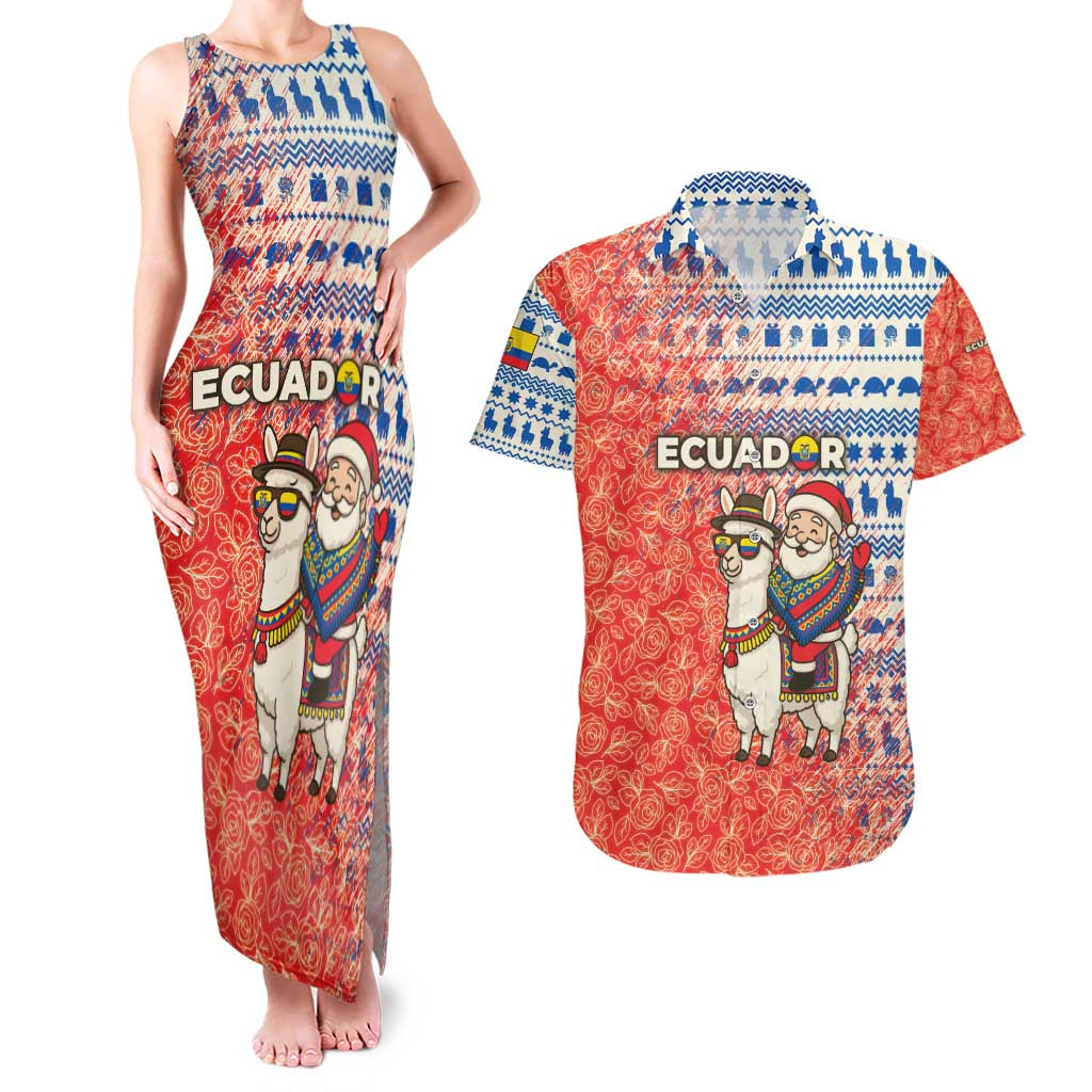Ecuador Christmas Couples Matching Tank Maxi Dress and Hawaiian Shirt with Santa Riding Llama Traditional Patterns and Rose Design - Wonder Print Shop