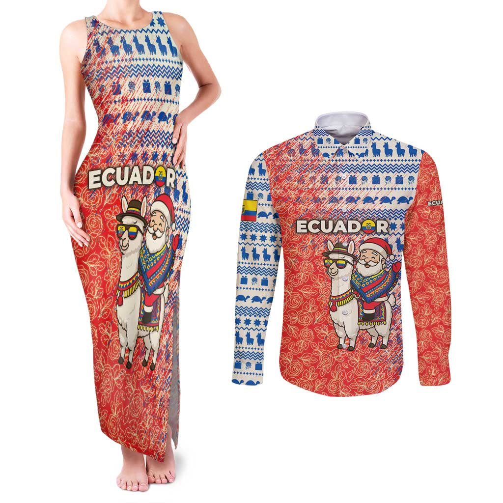 Ecuador Christmas Couples Matching Tank Maxi Dress and Long Sleeve Button Shirt with Santa Riding Llama Traditional Patterns and Rose Design - Wonder Print Shop