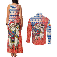 Ecuador Christmas Couples Matching Tank Maxi Dress and Long Sleeve Button Shirt with Santa Riding Llama Traditional Patterns and Rose Design - Wonder Print Shop