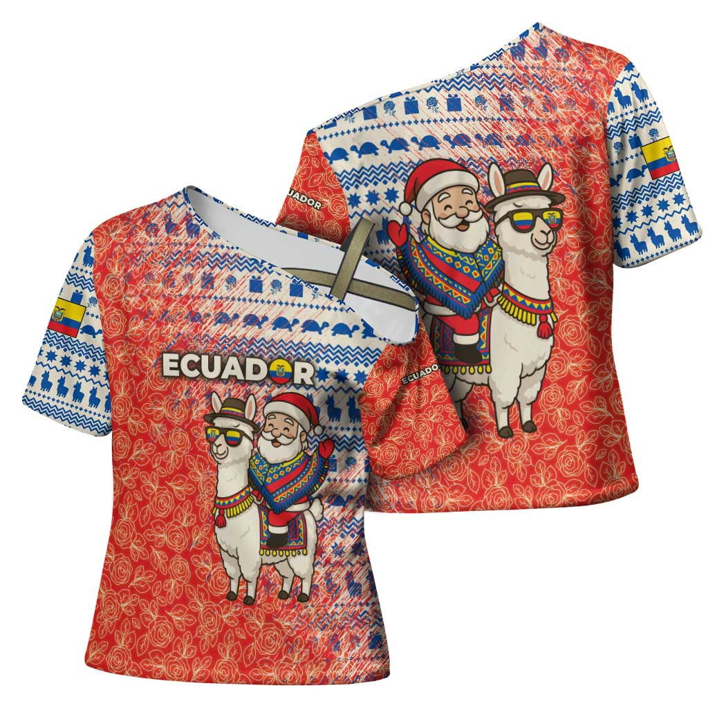 Ecuador Christmas Cross Shoulder Shirt with Santa Riding Llama Traditional Patterns and Rose Design - Wonder Print Shop