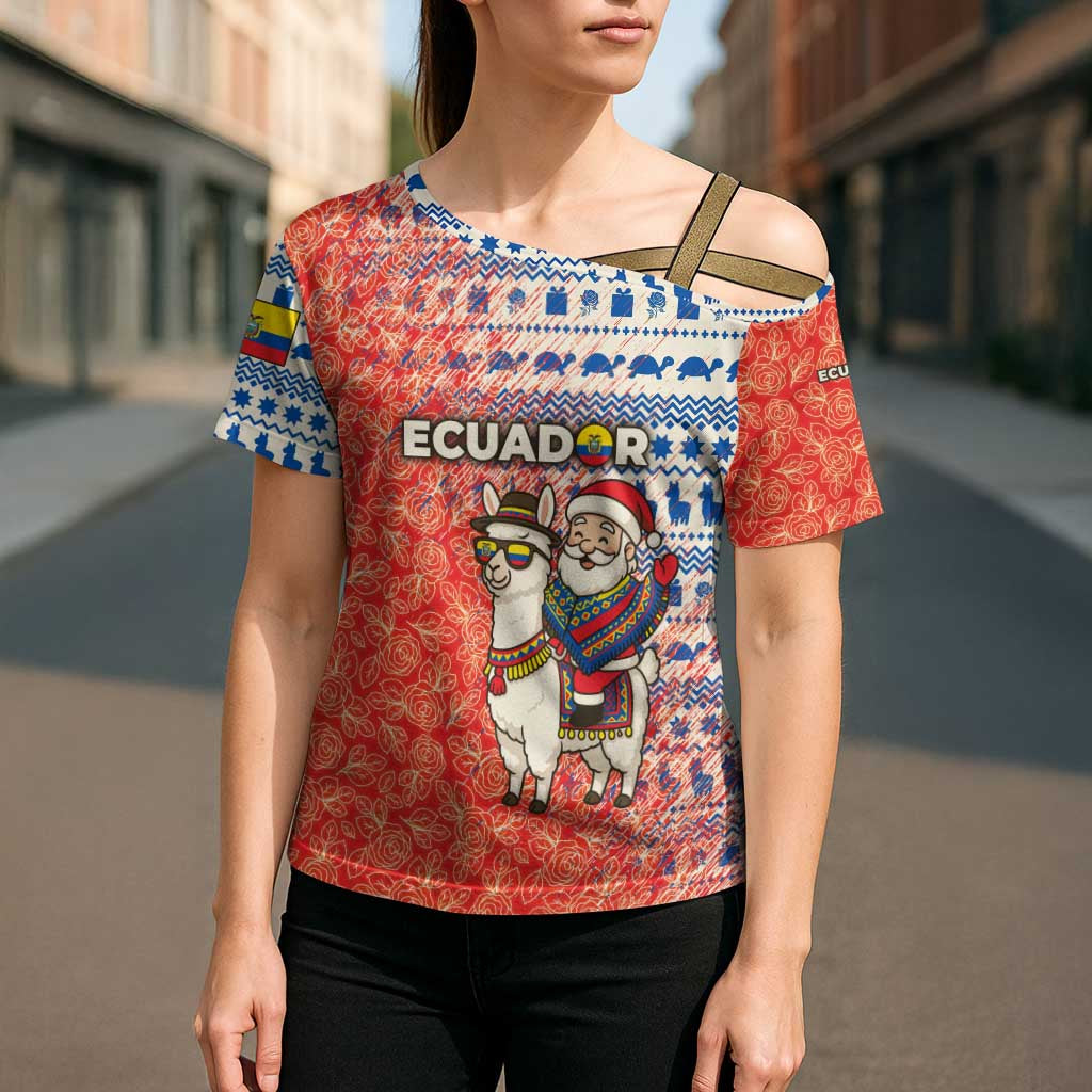 Ecuador Christmas Cross Shoulder Shirt with Santa Riding Llama Traditional Patterns and Rose Design - Wonder Print Shop
